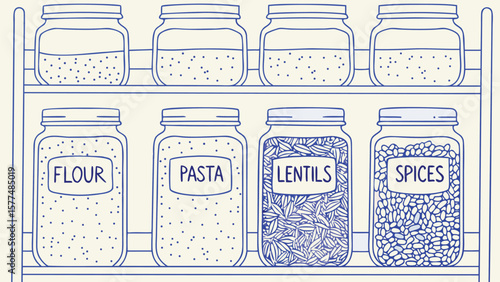 Shelf with eight jars containing flour pasta lentils spices and other unknown food ingredients inside them