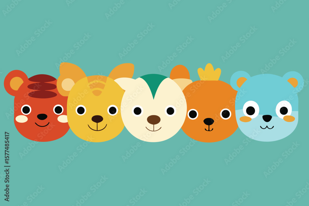 Fototapeta premium Adorable Cartoon Animal Faces Tiger, Cat, Squirrel, Fox, Bear Illustrations