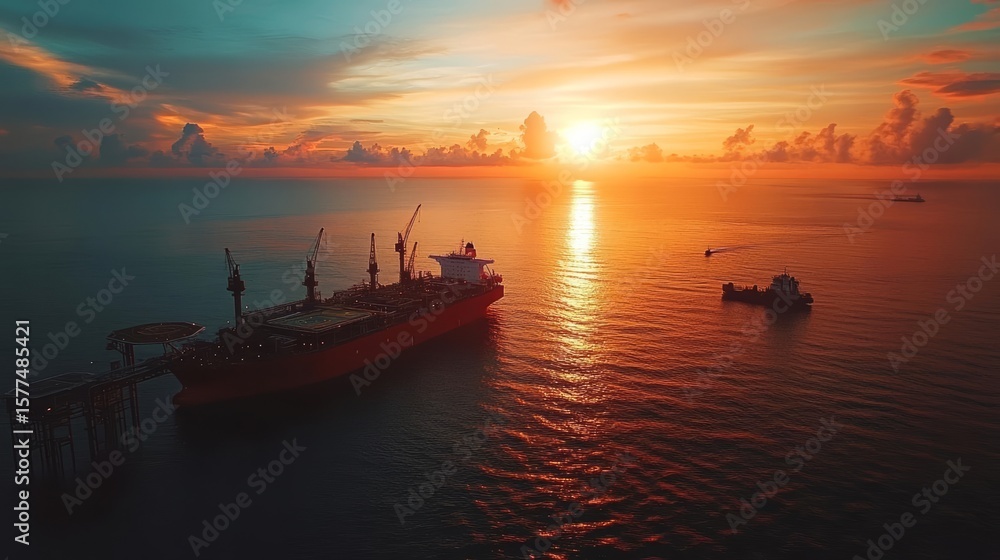 Naklejka premium Offshore Platform and Vessels at Sunset: Oil, Gas, Energy, Maritime, Ocean, Industrial, Sunset, Crane, Shipping, Logistics