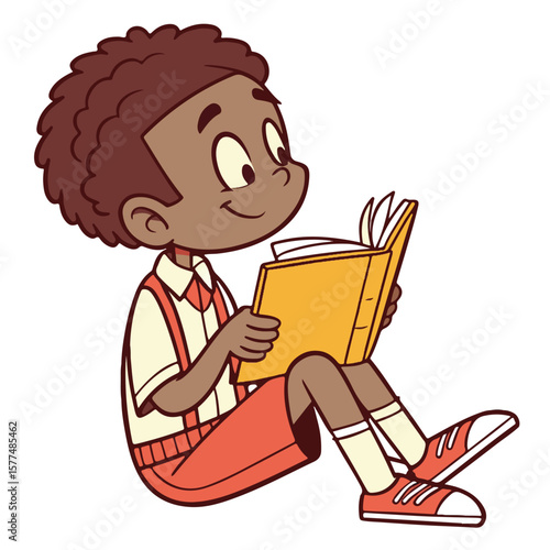 A cute kid enjoying a book in a relaxed pose, perfect for children’s content, educational posters, and early learning designs.