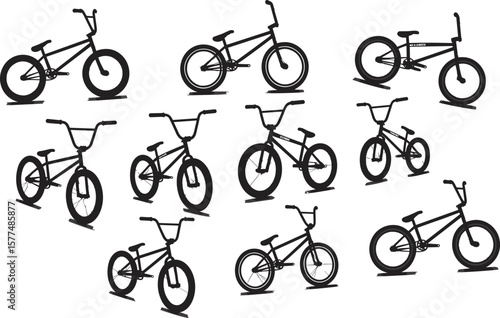 BMX bicycle silhouette vector set, extreme sport bike collection, freestyle cycling black icons, isolated graphic illustrations, stunt ride, urban bike art