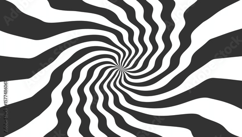 Abstract spiral background in black and white with wavy lines creating an optical illusion effect. Bold contrast and hypnotic motion for visual impact and graphic design.