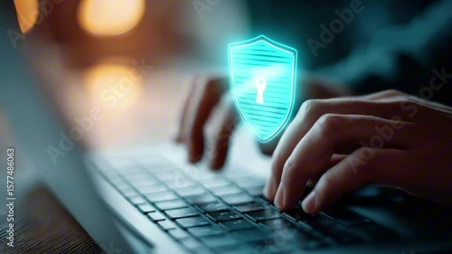Hands typing on a laptop keyboard with a glowing digital security shield icon above, representing cybersecurity and online protection in a modern workspace environment