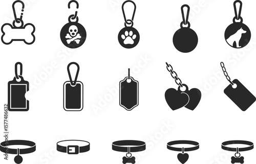 Pet collar and tag vector set, dog name tags, cat ID labels, accessory icons collection, black silhouette clipart on white background