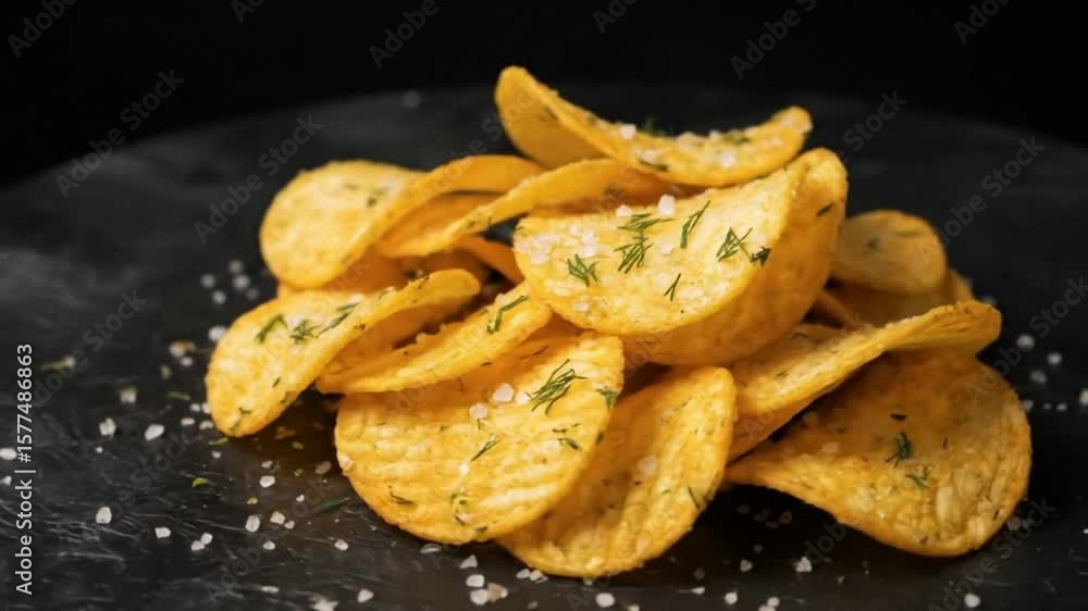 Heap of seasoned ridged potato chips on dark surface Heap of seasoned ridged potato chips on dark surface