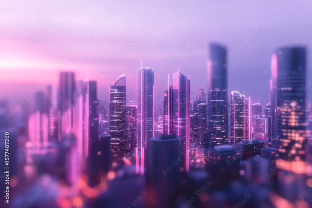 Fototapeta premium Futuristic neon cityscape at dusk with skyscrapers and pink glow