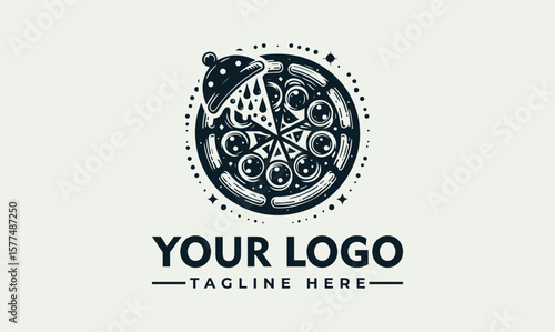Stylized pizza graphic with a serving dome, suggesting freshness and culinary presentation.