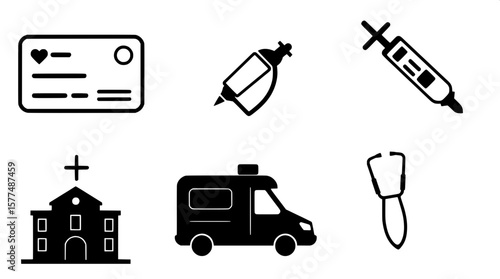 A set of modern glyph icons for clinical signage in a sleek black silhouette style, presented as a transparent PNG set, featuring six distinct symbols: a health insurance card with bold, geometric lin