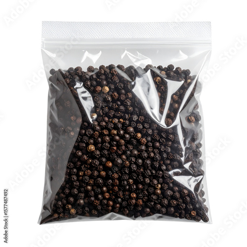 Dark peppercorns in a clear plastic bag