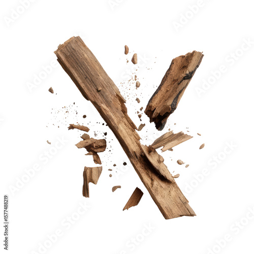Two splintered pieces of dry wood breaking apart into smaller fragments in midair.