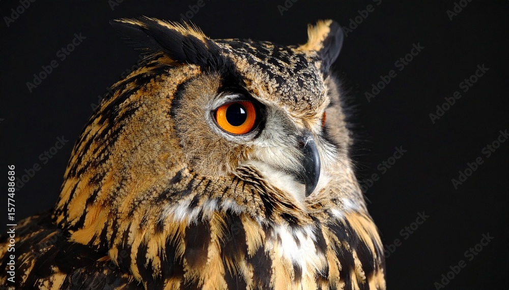 Fototapeta premium retrato de cerca de un búho real eurasiático (Bubo bubo). La imagen se centra en la cara y parte superior del pecho del ave.