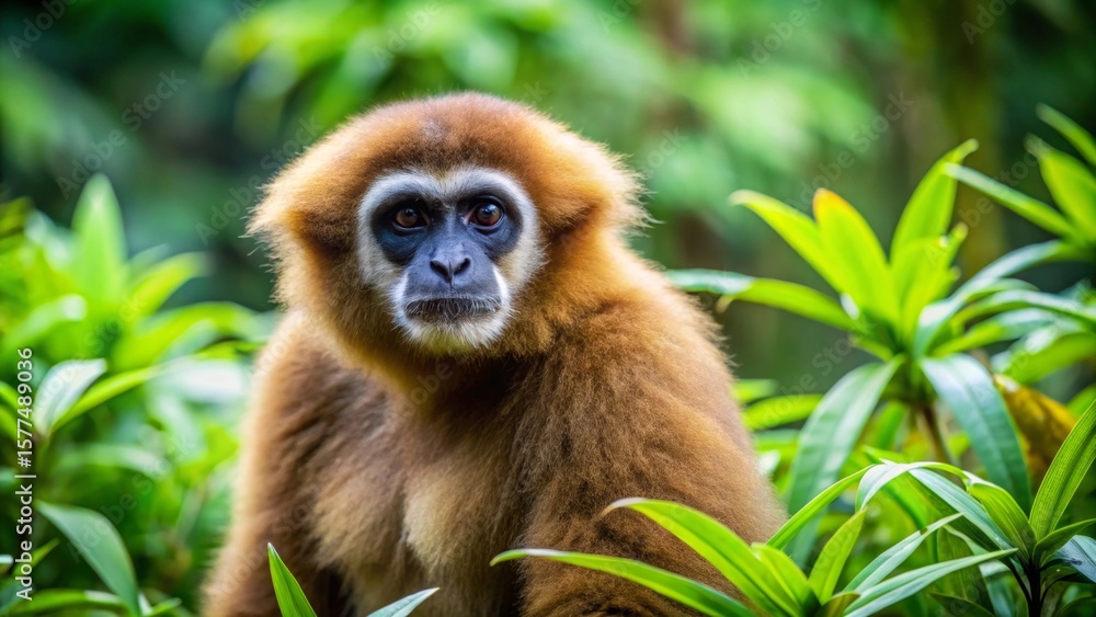 Fototapeta premium A curious golden gibbon primate calmly observes its lush green tropical habitat