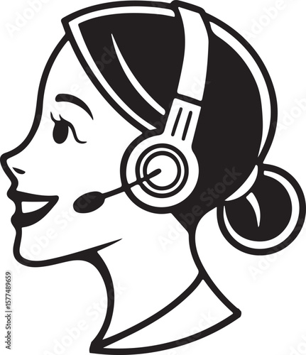 Vintage-inspired female calls center agent icon in flat design for telecommunication and customer care themes.