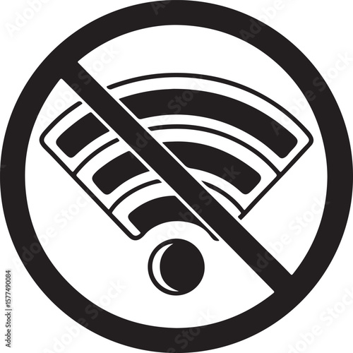 No WiFi icon in vector flat design with a bold cross-over signal waves showing lost or denied access to the internet.
