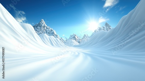 Serene Snowy Landscape with Majestic Mountains and Bright Blue Sky Under Radiant Sunlight