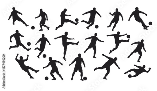 Dynamic Collection of Soccer Player Silhouettes in Action – Featuring Kicking, Running, and Various Game Poses with Balls for Sports and Athletic Designs