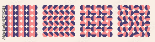 Vector graphic seamless pattern set of circles in purple and pink colour palette. Split and divided shapes with stylish retro design. Endless abstractions great for branding, textile, wallpaper, print