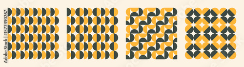 Vector graphic seamless pattern set in bold yellow and dark green colours. Stylish and repetitive background design with split circle elements. Endless abstraction perfect for branding, print, textile