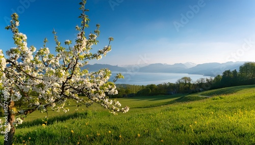 close up view of a flowering pear tree pyrus in a meadow with lake constance in the distance egnach canton of thurgau switzerland