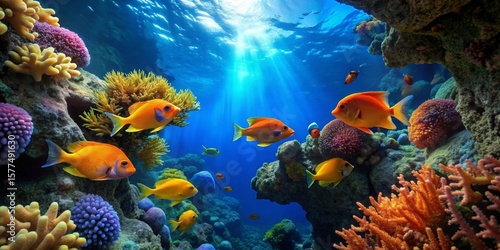 Vibrant Reef Scene Sunbeams Illuminate Colorful Fish and Coral in an Underwater Paradise