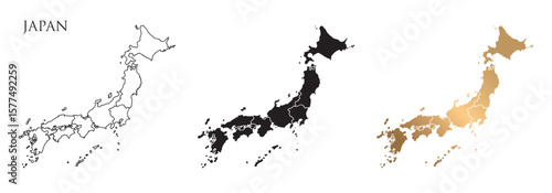 Vector illustration of a map of Japan. There are many styles. Black and gold stroke lines.