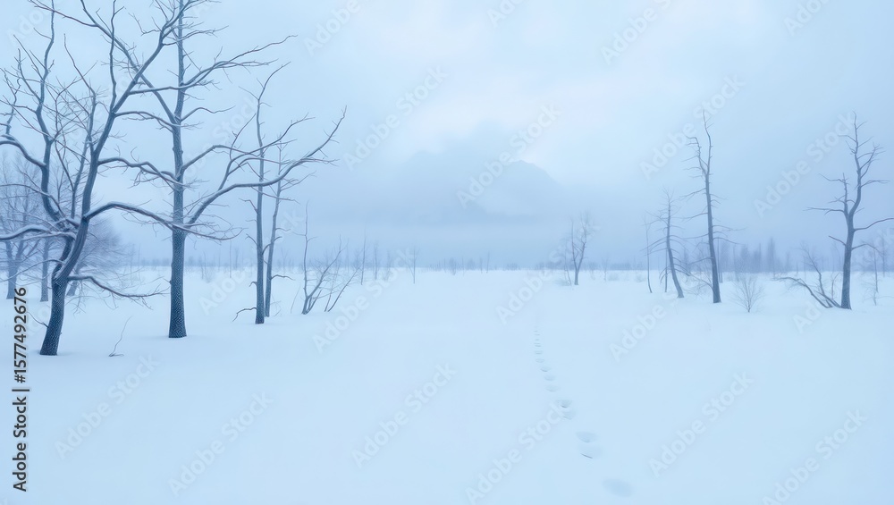 A serene winter landscape, bare trees and snow-covered ground, a misty horizon. A serene winter landscape, bare trees and snow-covered ground, a misty horizon.