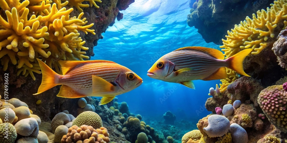 Obraz premium Oceanic Life Two Vibrant Reef Fish Encounter Amidst a Lush Coral Garden