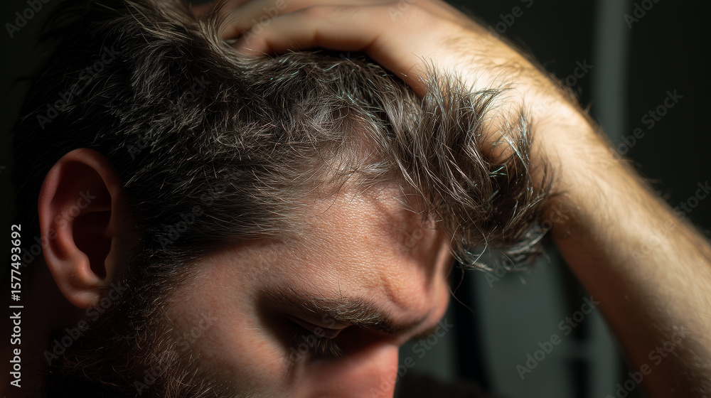Fototapeta premium People scratch their heads when puzzled. Though scratching eases itch, frequent scratching damages the scalp, causing irritation, injury, or hair loss.