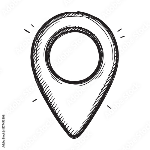 Black and white hand-drawn sketch of a location pin icon. Ideal for use in maps, navigation apps, travel-related designs, infographics, and digital interfaces.