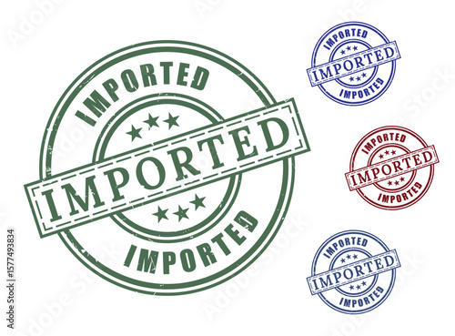 Imported Goods Approved Stamp Set, Global Commerce Grunge Vector Labels 