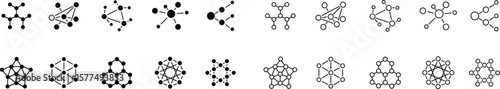 Molecule and atom connection network vector icons set, chemical, molecular structure, and science collection, solid and outline graphic group, editable design elements for research and education proje