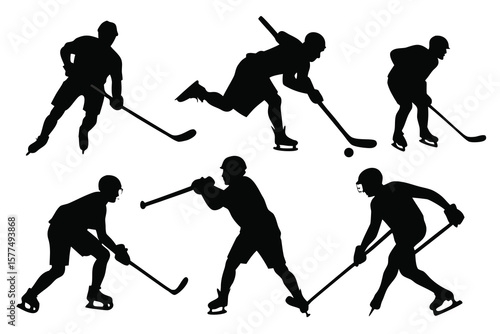 Ice Hockey Player Silhouettes Action Poses Vector Illustration