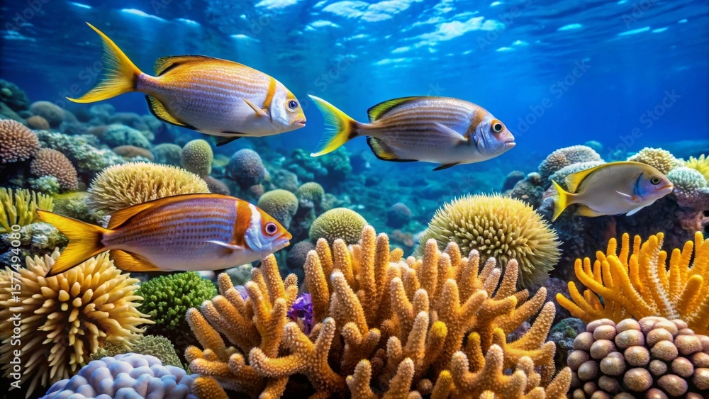 Naklejka premium Vibrant Reef Scene Showcasing Colorful Fish and Coral Formations Swimming in a Pristine Underwater Paradise