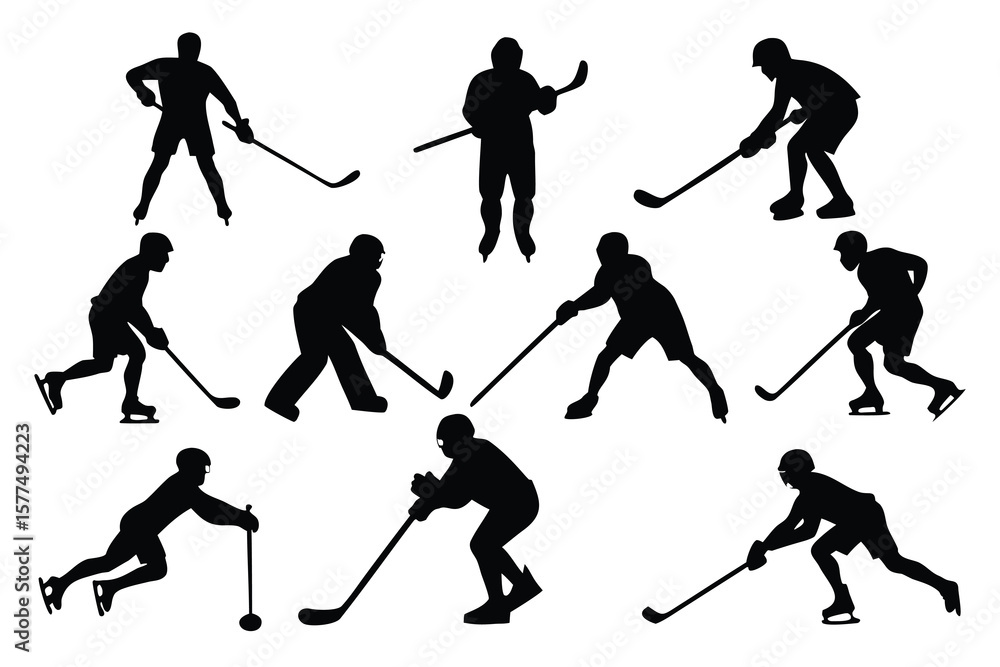 Obraz premium Ice Hockey Silhouettes Action Poses and Puck Control Illustrations