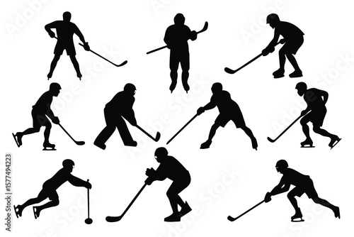 Ice Hockey Silhouettes Action Poses and Puck Control Illustrations