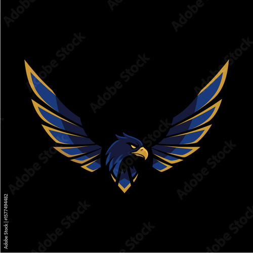 Intimidating blue and gold stylized eagle head with wide wings vector mascot for gaming stream, sports team, tech startup, drone unit branding, badge, sticker, dramatic black background