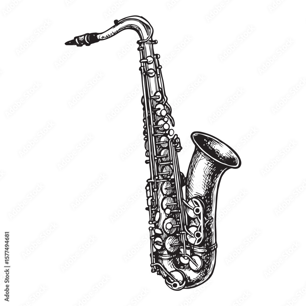 Obraz premium Hand Drawn Saxophone Doodle Black and White Ink Line Art Illustration.