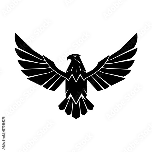 Geometric symmetrical black eagle with angular wings spread vector emblem for tech startup, security firm, military insignia, aviation brand, badge, sticker, minimalist graphic on white