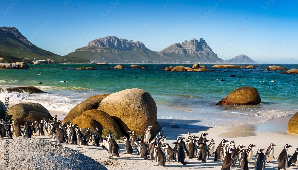 Fototapeta premium view of african penguins on boulders beach seaforth table mountain national park cape town western cape south africa africa