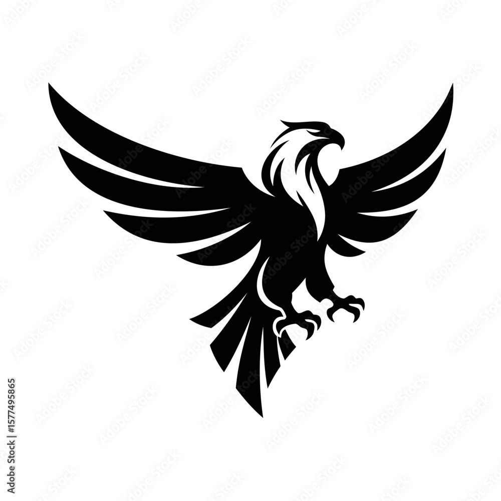Obraz premium Aggressive standing eagle with flared wings and sharp talons vector emblem for tattoo design, military squad, sports club, branding, sticker, minimalist silhouette style on white