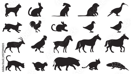 Collection of diverse animal silhouettes including mammals birds and farm animals in various poses