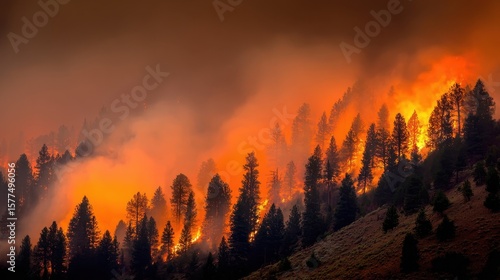 Forest ablaze in a dramatic wildfire scene.
