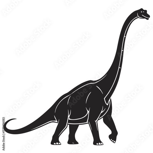 A black silhouette of a brontosaurus dinosaur with a long neck and tail walking against a white background
