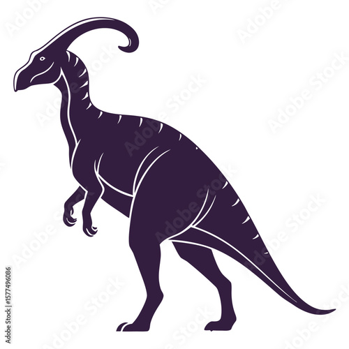 Stylized illustration of a parasaurolophus dinosaur with a prominent crest standing on a white background