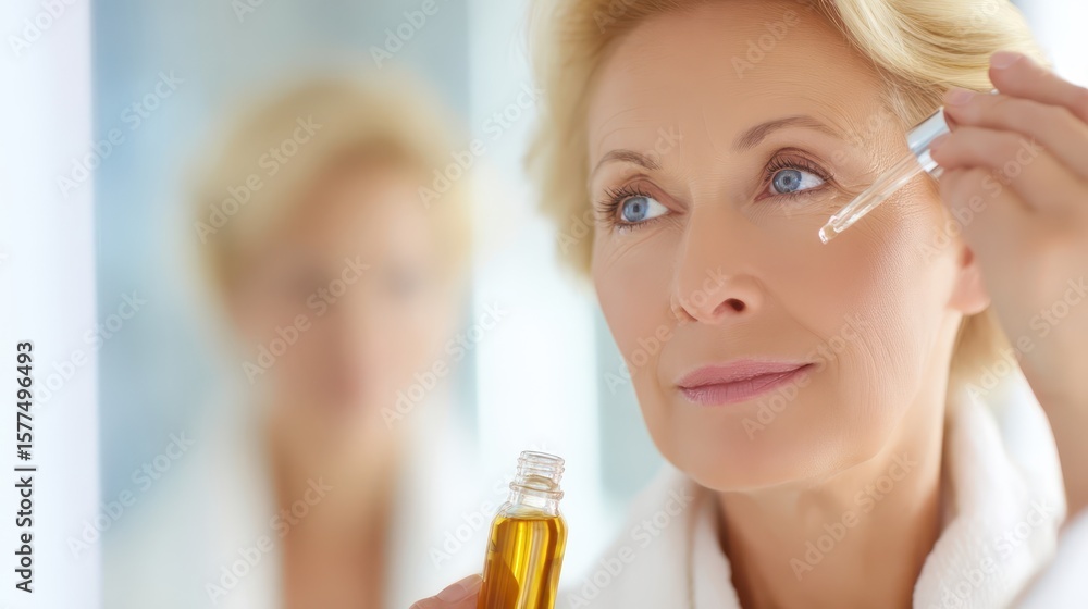 Fototapeta premium Mature woman applying facial serum in bathroom.