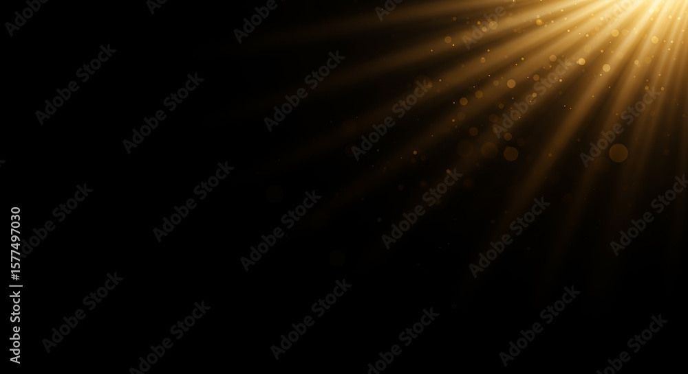 Fototapeta premium Golden Light Rays and Dust Particles on Black Background