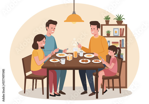 Family Mealtime A Warm and Inviting Illustration of a Family Sharing Food and Conversation at a Dining Table