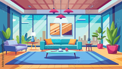 Modern living room with large windows overlooking a city skyline and comfortable furniture