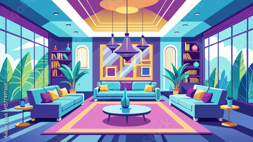 Modern living room with blue sofas pink rug and large windows overlooking lush greenery