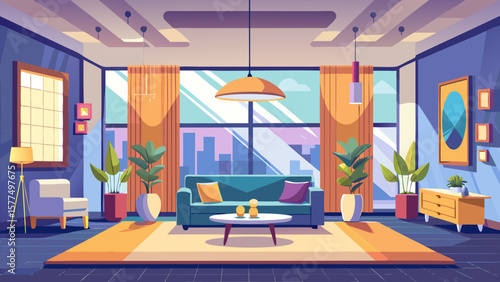 Modern living room with city view and comfortable sofa on a sunny day